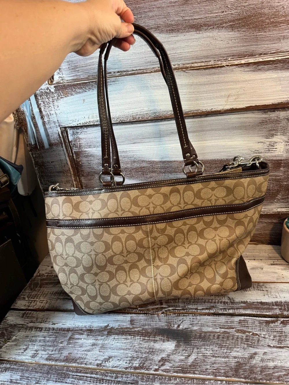Coach Brown Signature Diaper Bag with Cream and Dark Brown Stripe